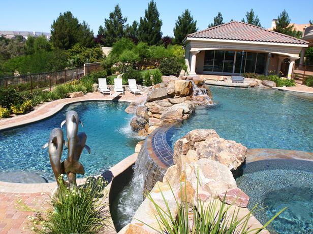 Tiered Pool With Waterfall and Decor